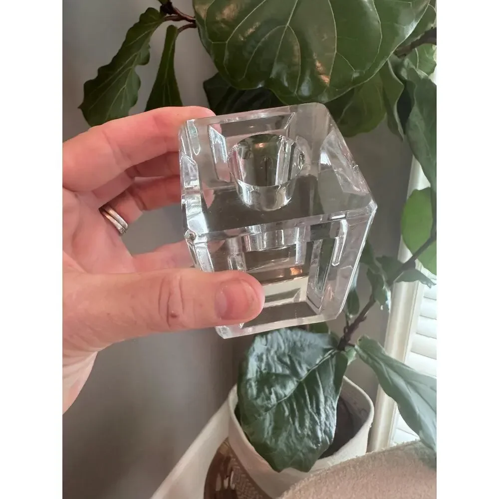 Vintage Pair MCM Art Deco Heavy Cut Crystal Block Candle Holders